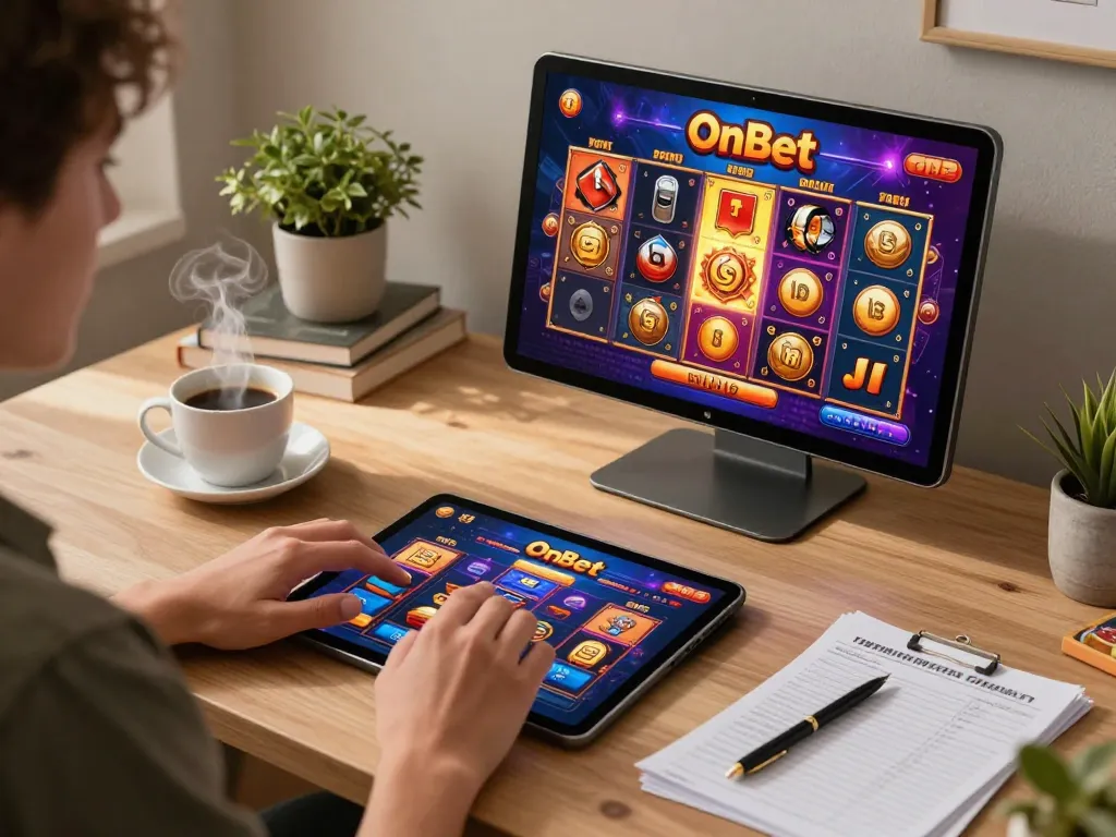 Play OnBet's exciting slot games in a cozy home environment with strategic notes.