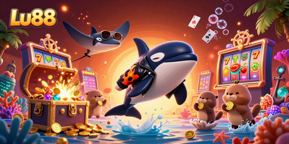 Lu88 engages players with vibrant casino-themed 3D illustration showcasing a fun whale and otters.