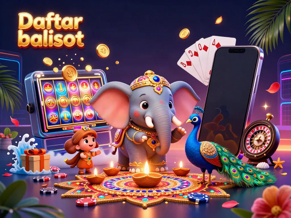 Experience excitement with Daftar balisot, featuring a colorful slot game and vibrant characters in a casino-themed scene.