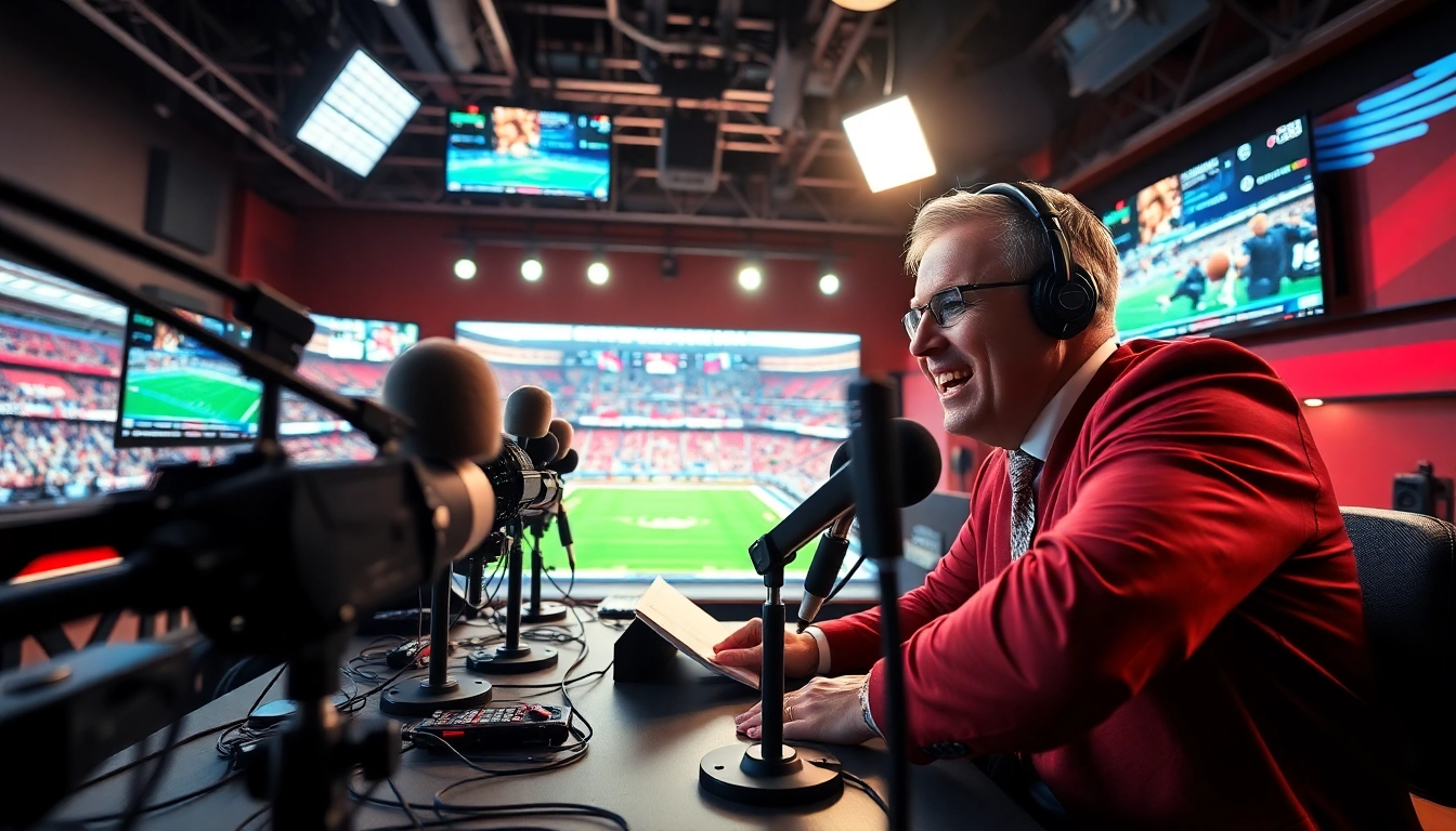 Engaging sports broadcasting host live on air with high-tech equipment and vibrant sport visuals.