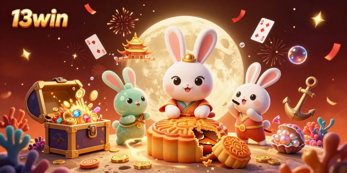 Win big at 13win casino as the moon rabbit celebrates with poker chips and treasures.