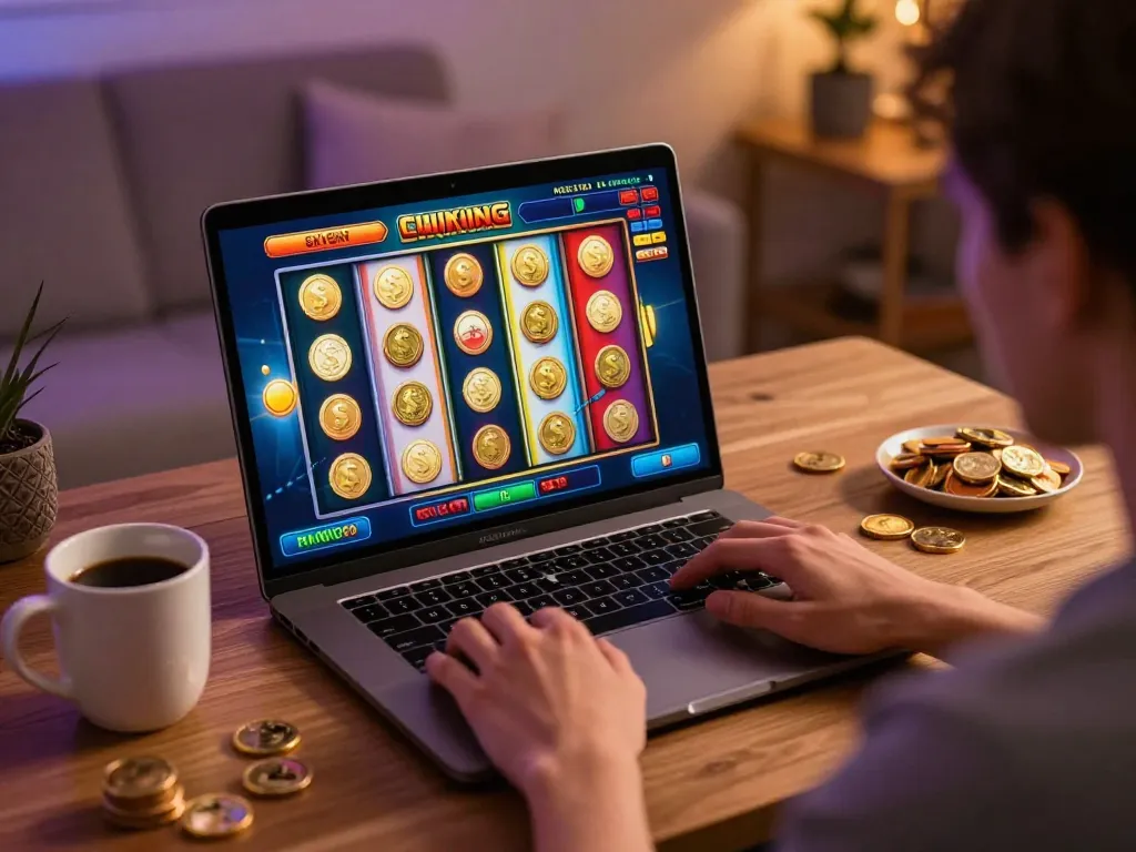 Engaging user playing sky88 slot games on laptop in cozy home setup.