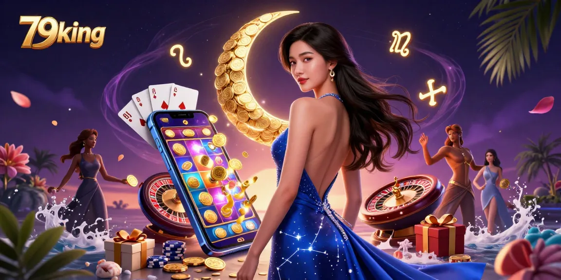 Engage in the thrilling world of 79king with a dazzling scene of gaming elements and an elegant character.