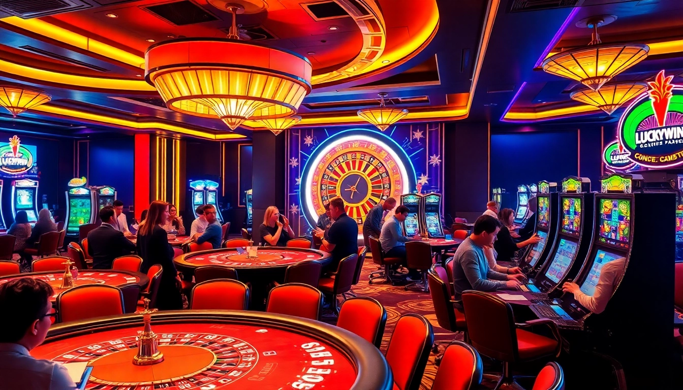 Luckywin casino scene with excited players at poker tables and slot machines.