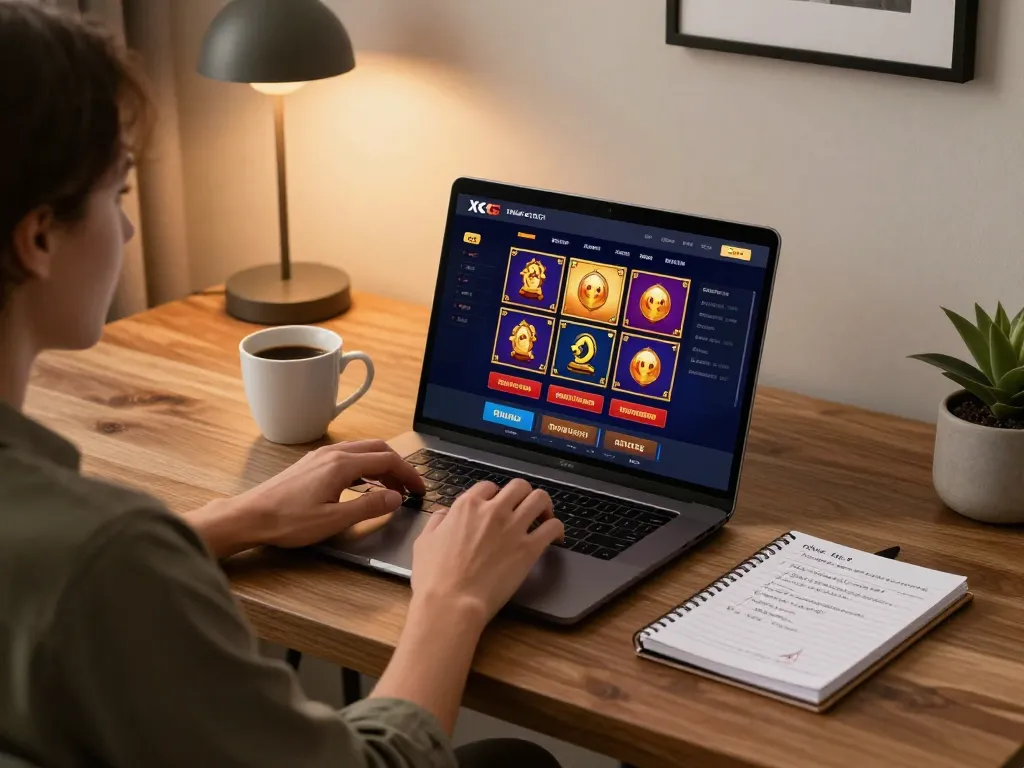 Person gaming on XXGG platform in a stylish home office, focused on strategic online gambling.