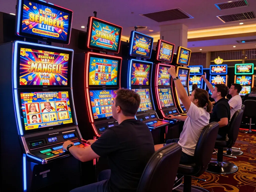Players enjoying vibrant real money pokies Australia in a luxurious casino setting.