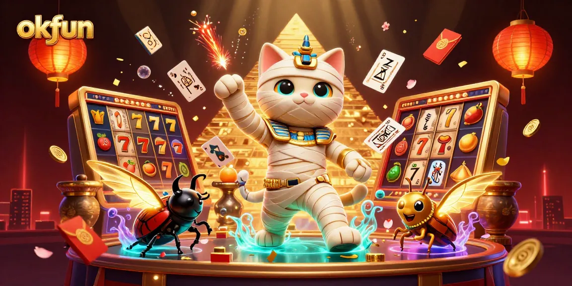 Engage in thrilling slots action at okfun, featuring a vibrant mummy cat, jackpots, and floating game elements.