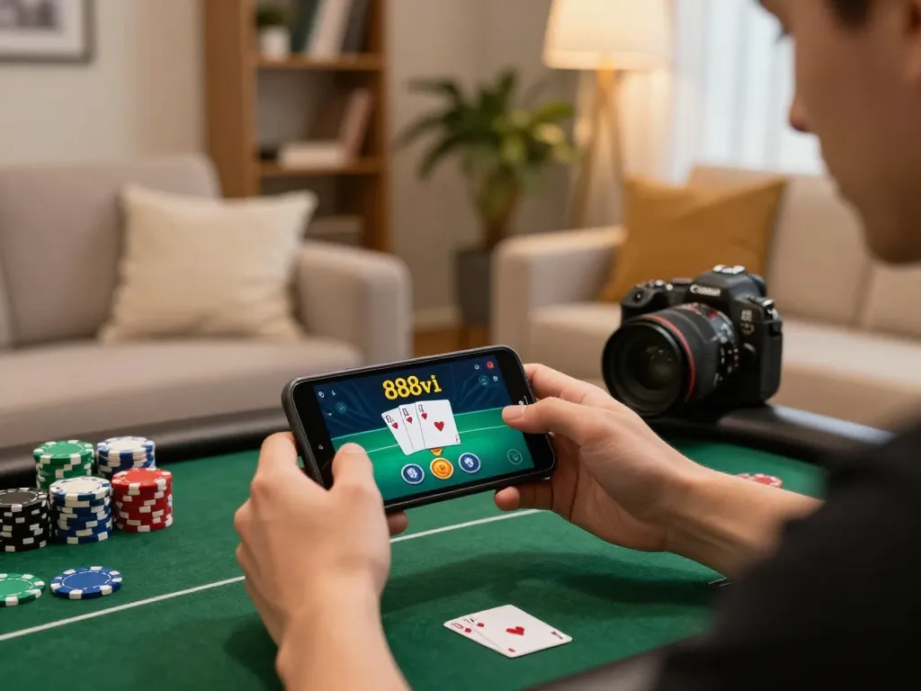 Engaged player enjoying online poker on 888vi app from the comfort of home.