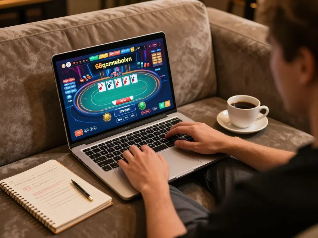 Engaging in a strategic 68gamebaivn online poker game from a cozy home setup.