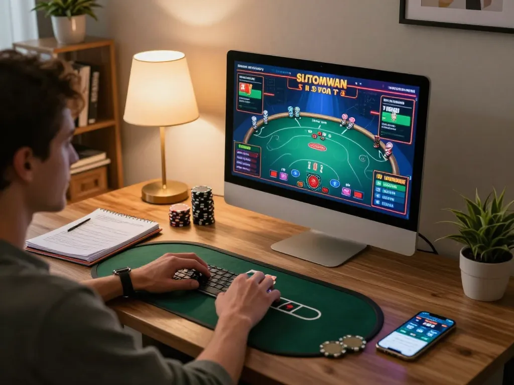Person playing poker on 98win's online platform, showcasing vibrant game graphics and strategic notes for informed betting.