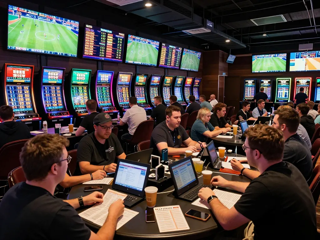 Engaged sports bettors analyzing kèo nhà cái odds at a vibrant venue, dynamic atmosphere with multiple screens
