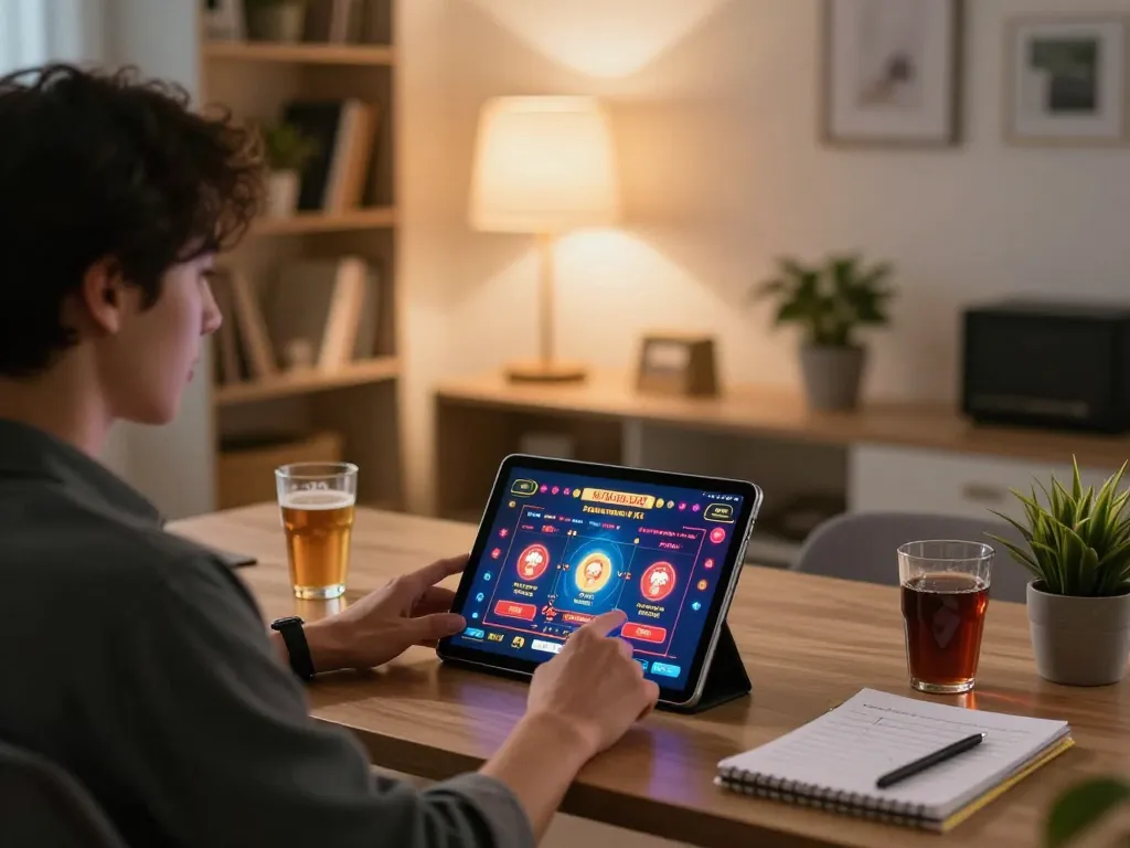 Player engaging with FC88 online casino app on tablet, showcasing modern gaming atmosphere.