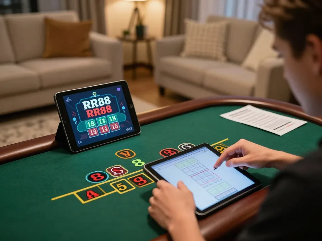 RR88 player engaged in live dealer blackjack game on a tablet in cozy home setting