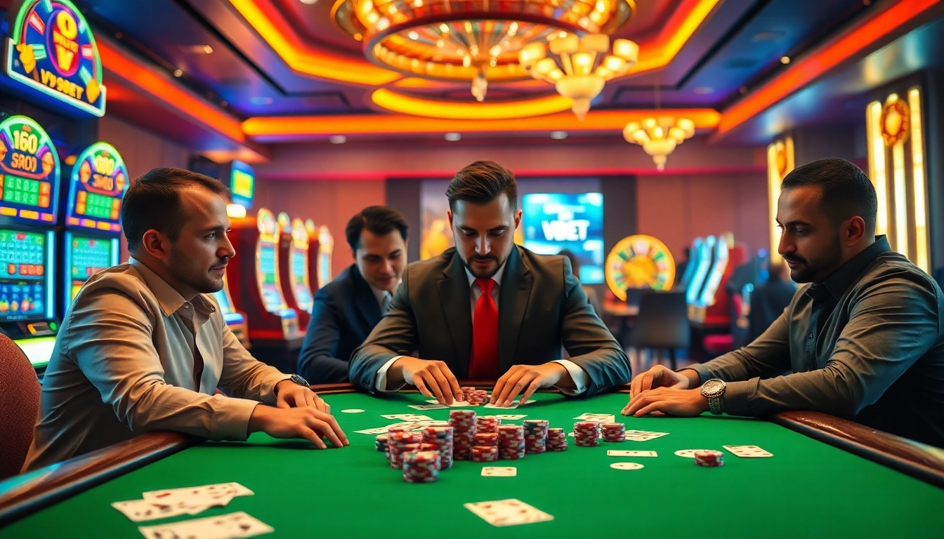 Experience excitement at V9bet's professional poker table with vibrant players, cards, and chips.