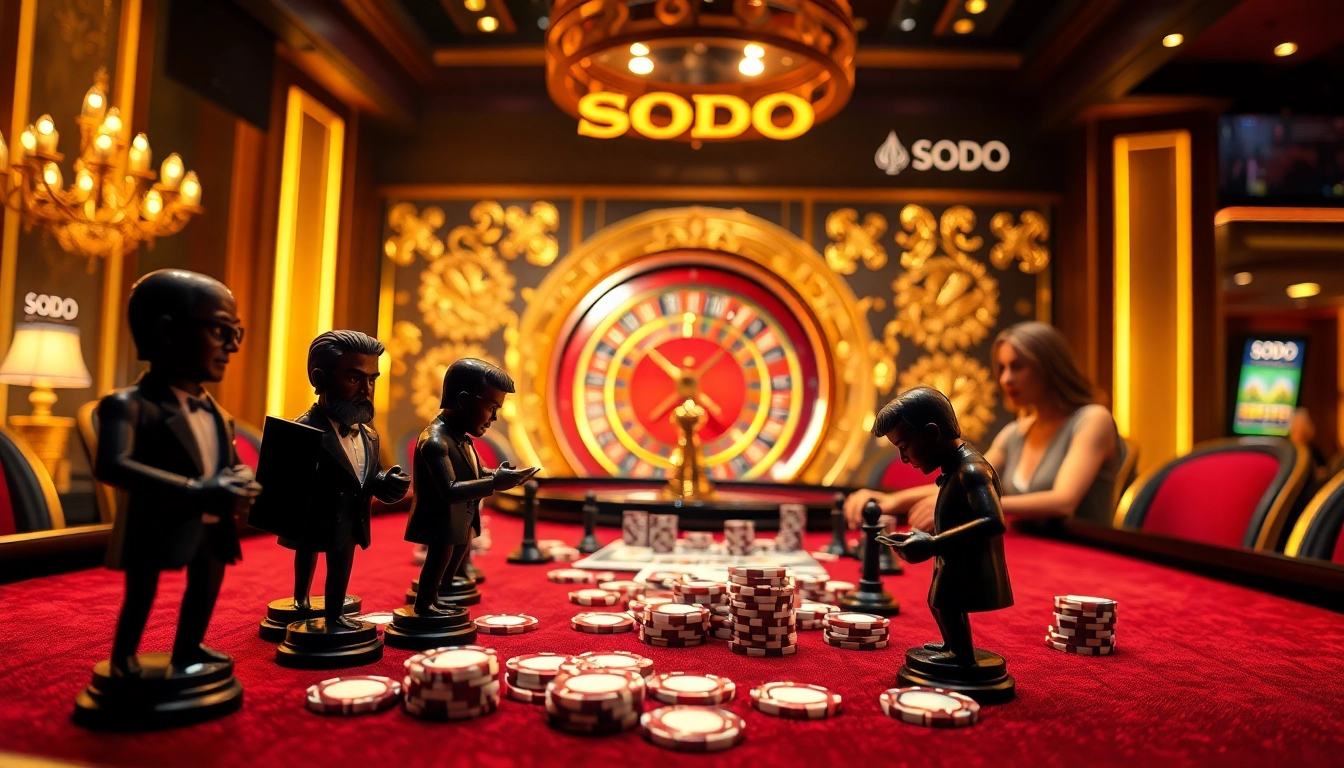 SODO Casino table showcasing poker chips and cards amid an exciting gambling atmosphere.