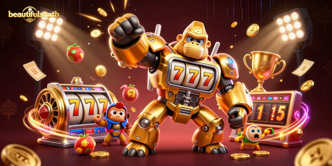 Engage with beautifulsouth as the golden gorilla mech dominates a vibrant casino scene filled with slot games.