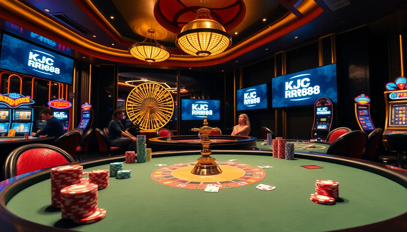 A vibrant casino scene with players at a poker table, highlighting KJC RR88 in a luxurious atmosphere.