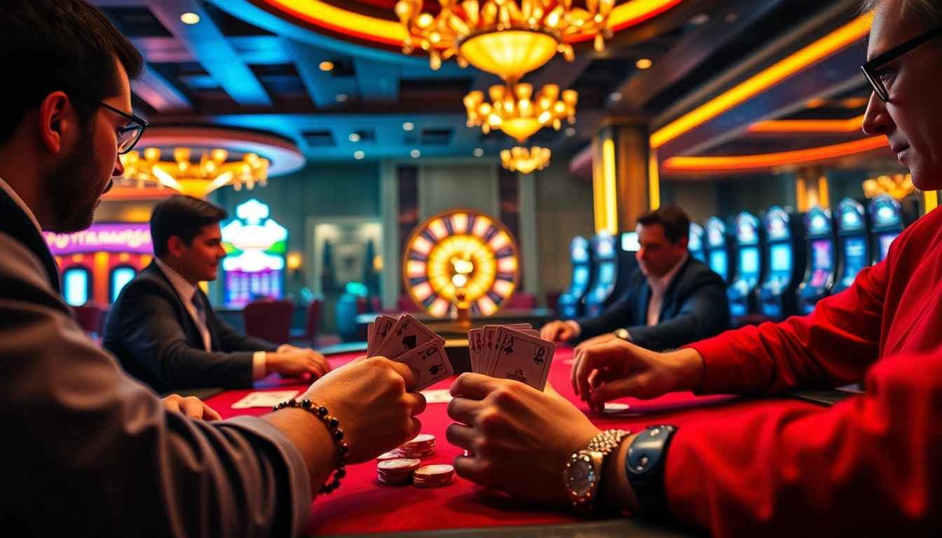 Gamblers enjoying a thrilling game at SODO66 casino table, complete with poker chips and cards.