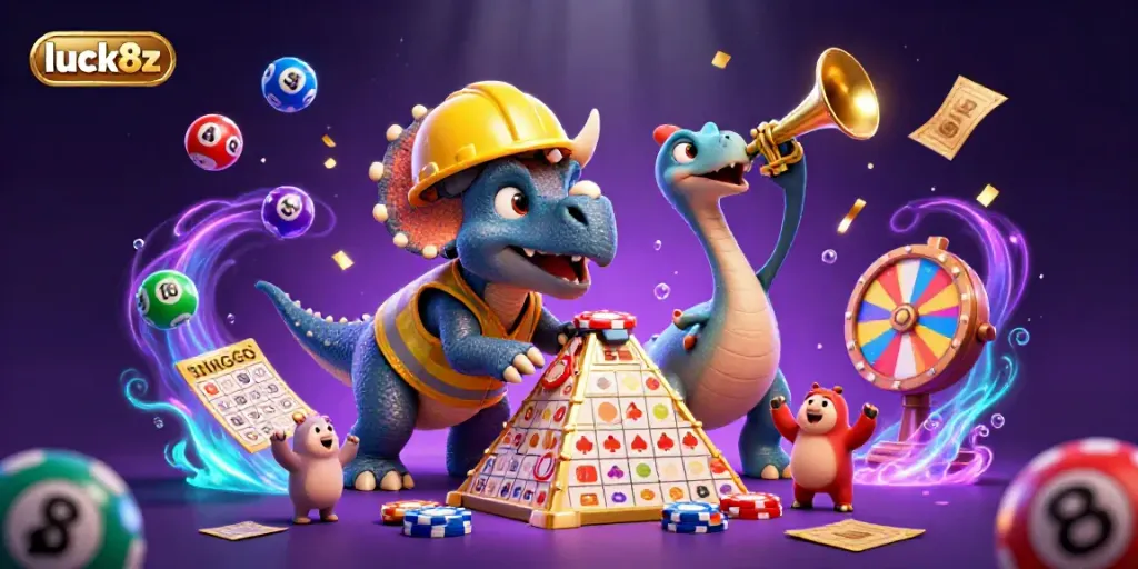 Cheerful illustration of luck8z with vibrant dinosaurs building poker chip pyramids and colorful lottery elements.
