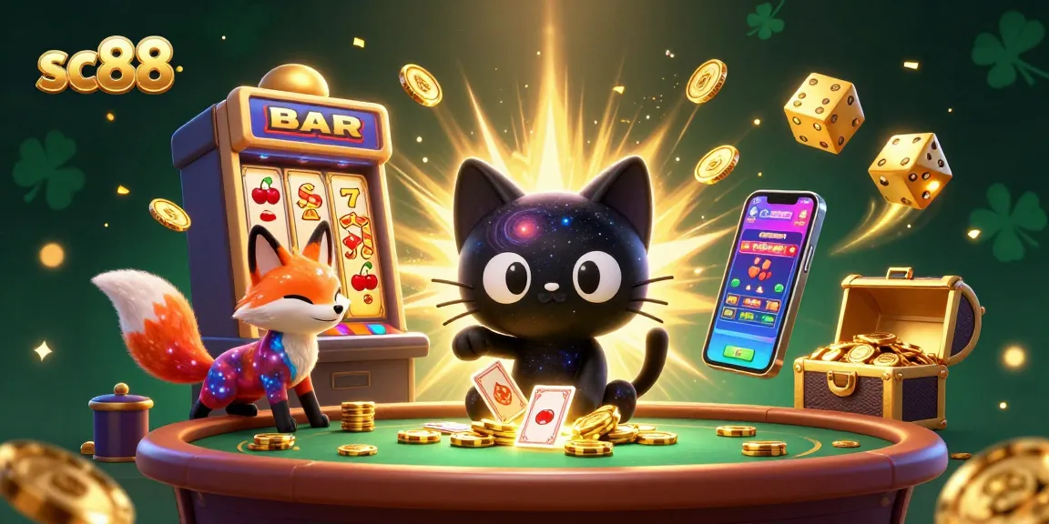 Engage with sc88 at a cosmic casino, featuring a black hole cat and vibrant nebula fox.