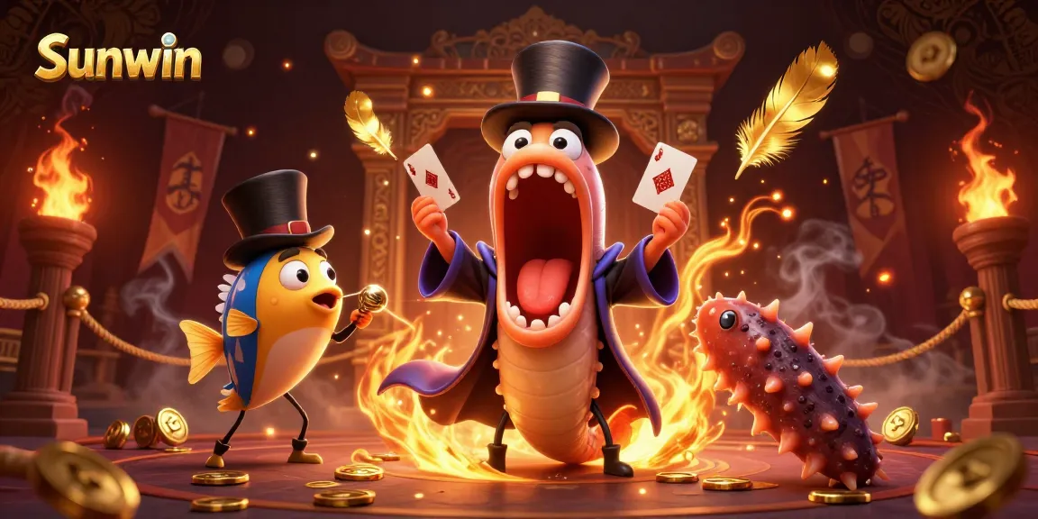 Sunwin offers thrilling card tricks with unique sea creatures performing in a vibrant casino scene.