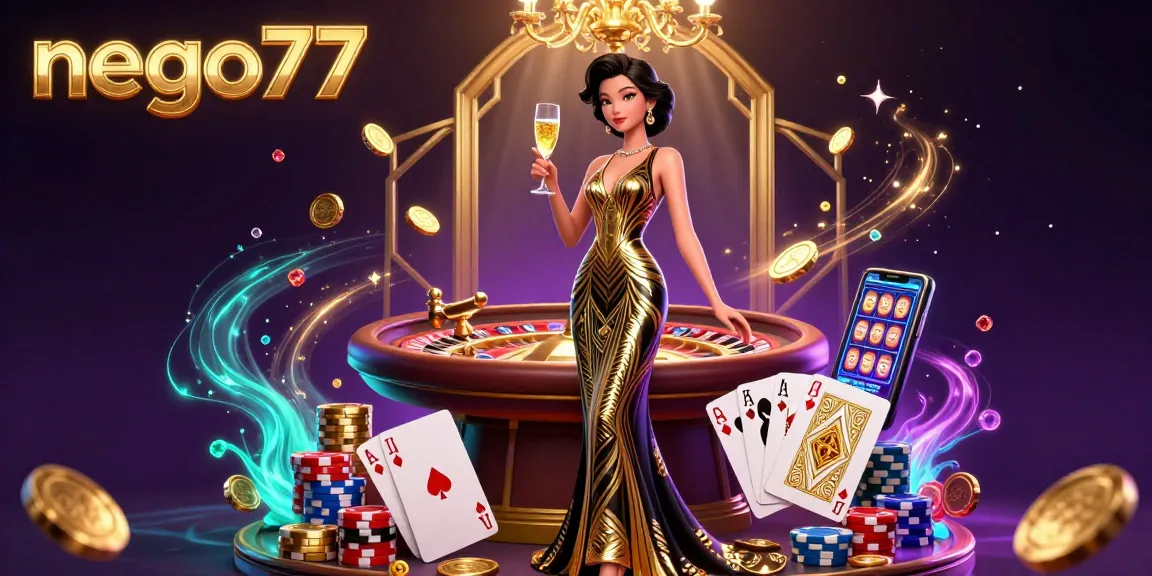 Nego77 offers a thrilling online gambling experience with a lively Asian character amidst casino elements like roulette and glowing coins.