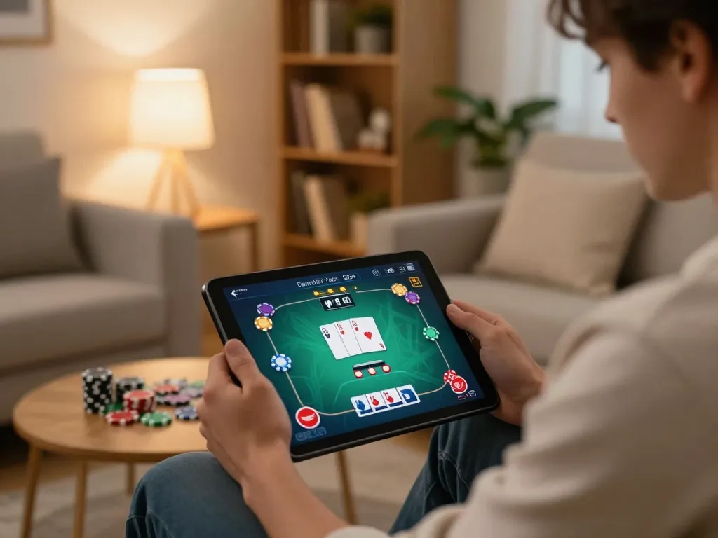 Engaging in online gambling at https://nk88.actor/ on a tablet in a cozy home setting