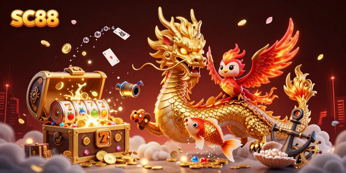Experience SC88's thrilling slots with golden dragon and vibrant casino elements in this captivating illustration.
