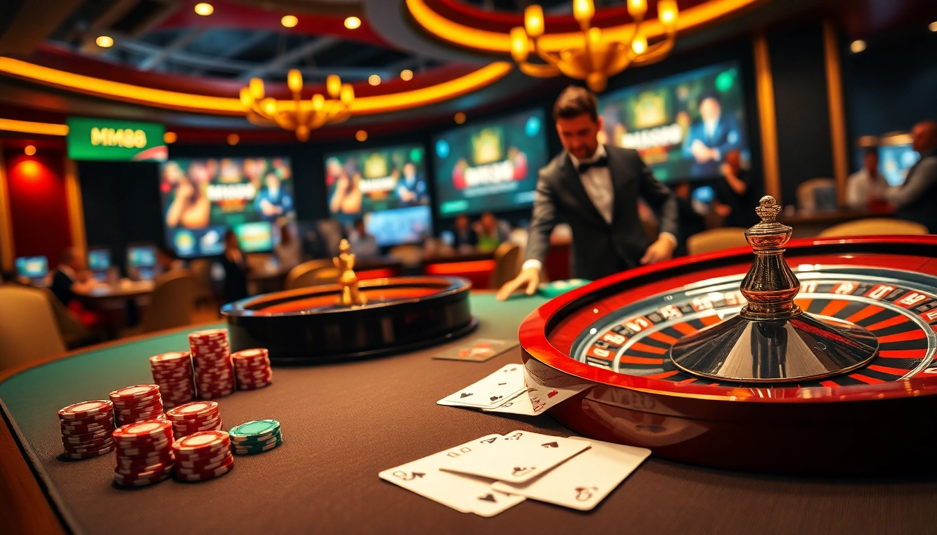 Experience the thrill of m88 at a luxurious casino gaming table with energetic players and vibrant roulette wheel.
