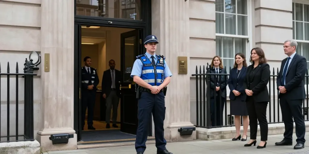 Security guard providing trusted protection at local office building entrance.