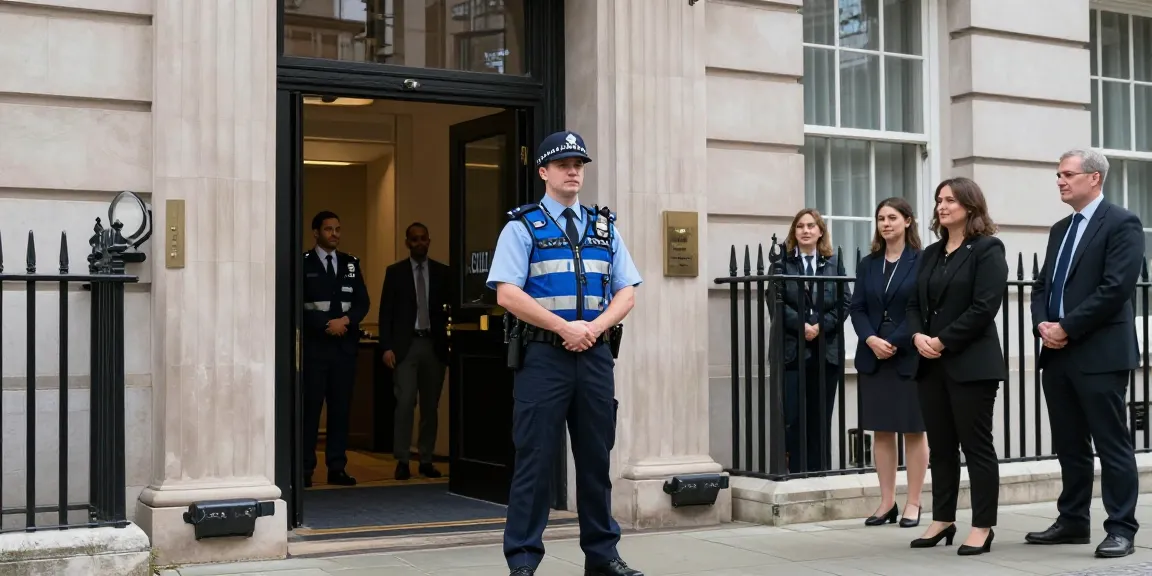 Security guard providing trusted protection at local office building entrance.