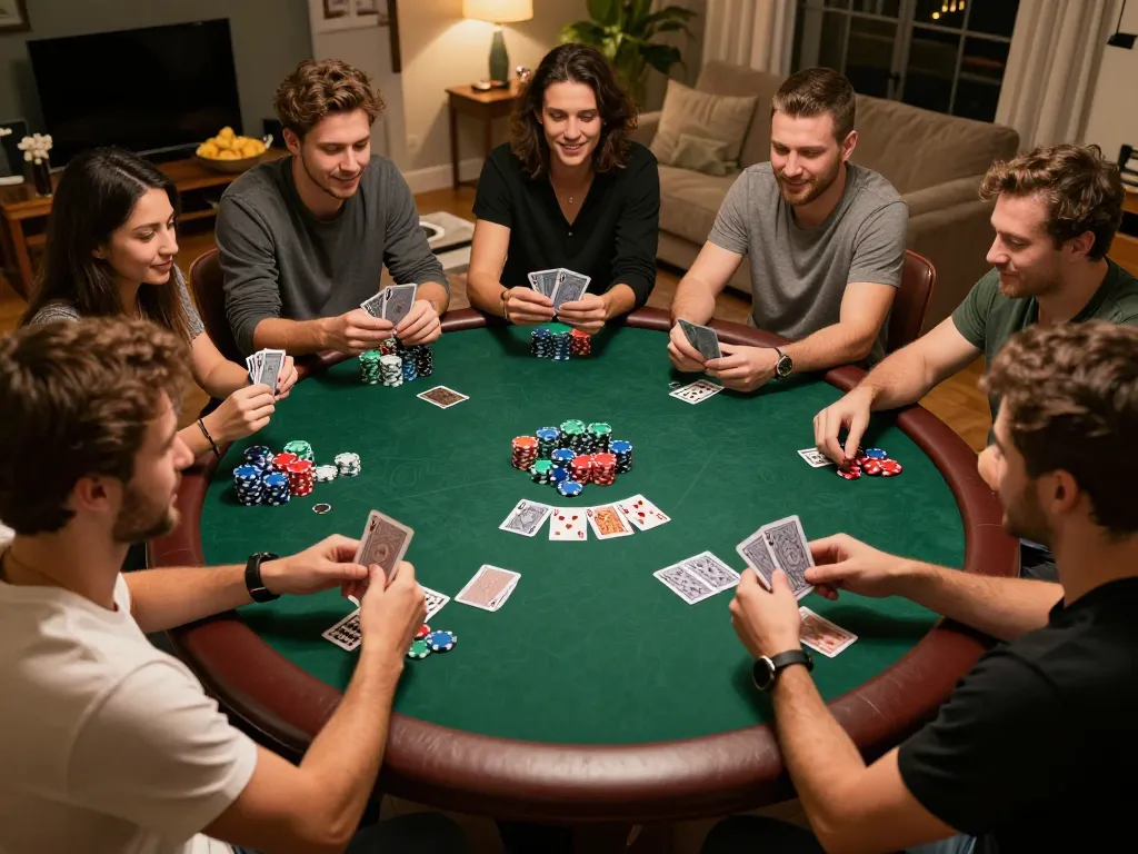 Engaging poker night at home with friends, showcasing MM88 gaming strategy and social interaction around a vibrant table.