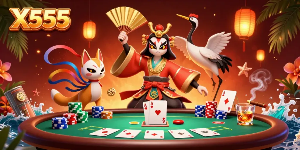 Engage in top-tier poker gaming with X555, featuring vibrant 3D characters, poker scenes, and immersive elements.