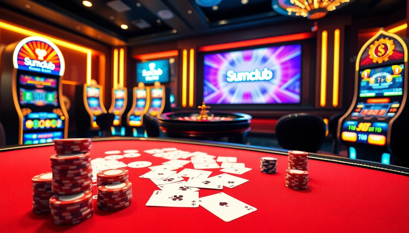 Engage with Sumclub's exciting online casino games at vibrant tables filled with poker chips and cards.