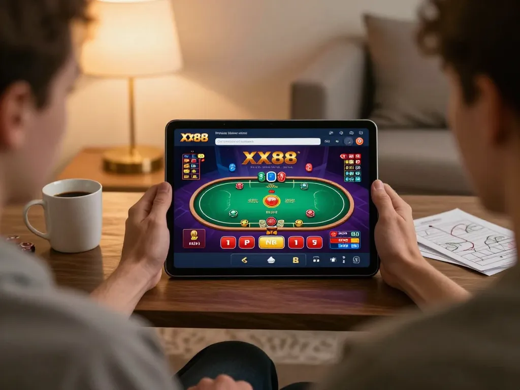 Engaged player using XX88 casino app on tablet, showcasing dynamic online gaming atmosphere.