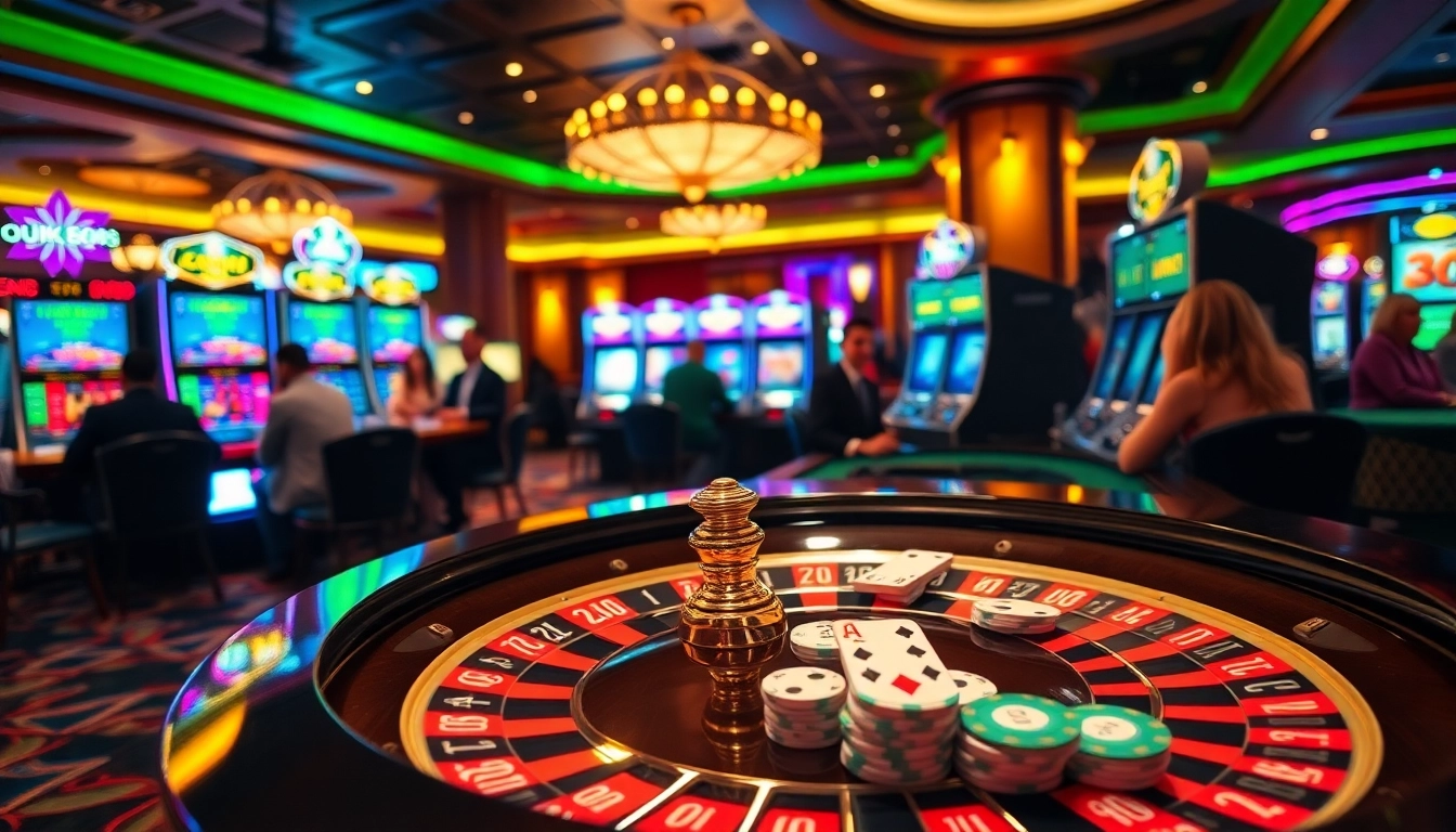 Players engaging with colorful slot machines and roulette tables at luck888 online casino.