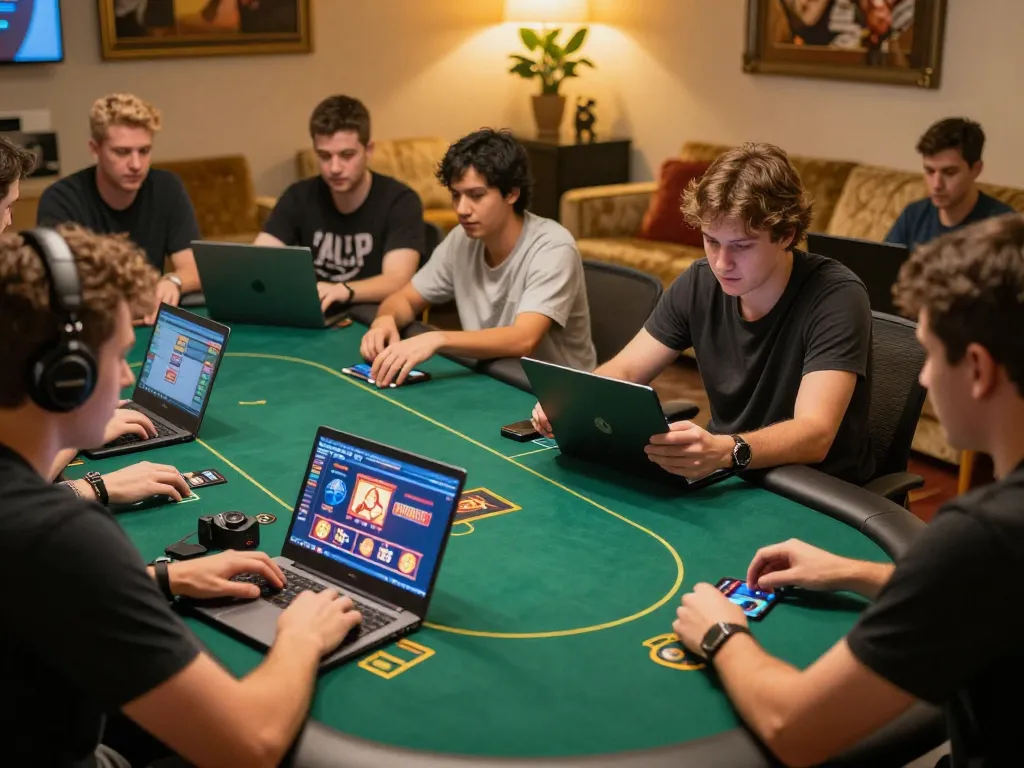 Players engaged in exciting online gaming sessions using vmax casino app on laptops and tablets in a cozy setting.