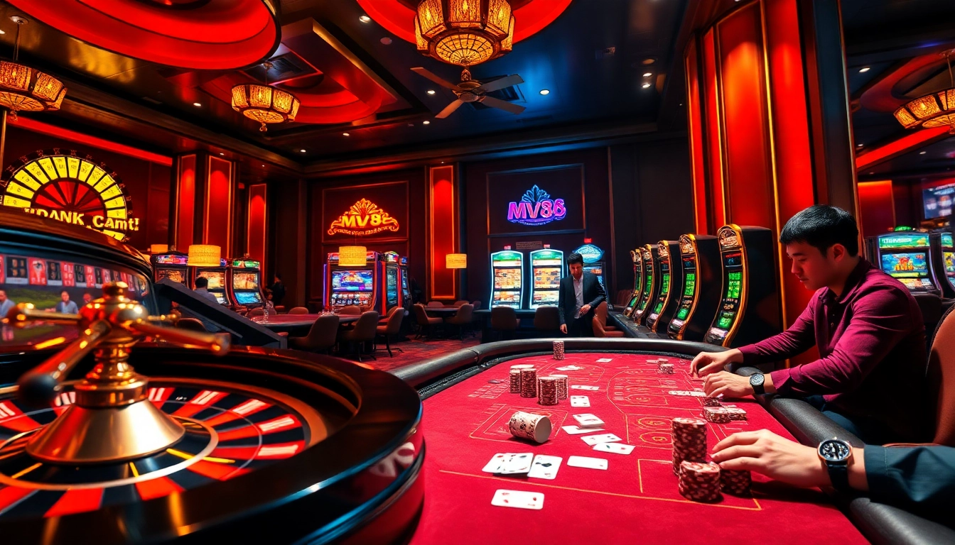 Experience the thrill of gambling at MV88 with exciting poker games and vibrant casino visuals.