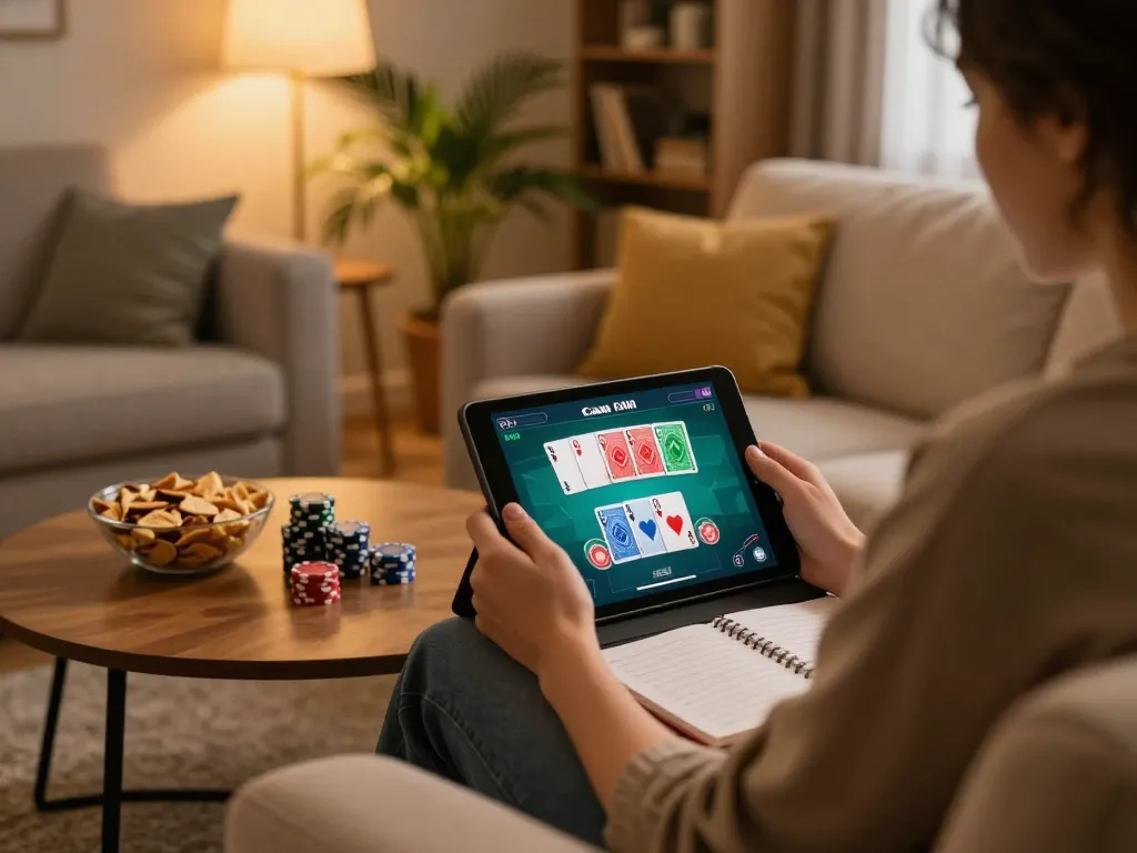 Engaged player explores NOHU90's online poker game on a cozy tablet setup.