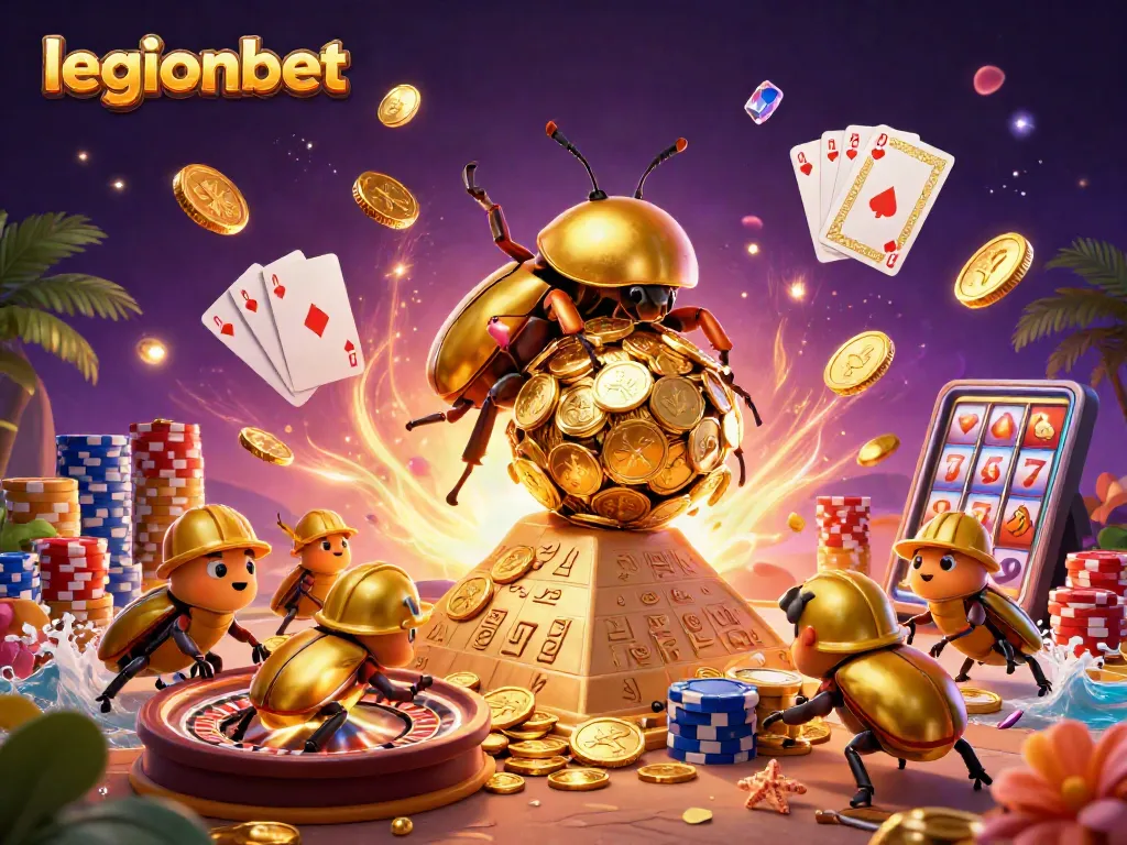 Experience the excitement of legionbet with golden coins, vibrant gaming symbols, and thrilling casino elements.