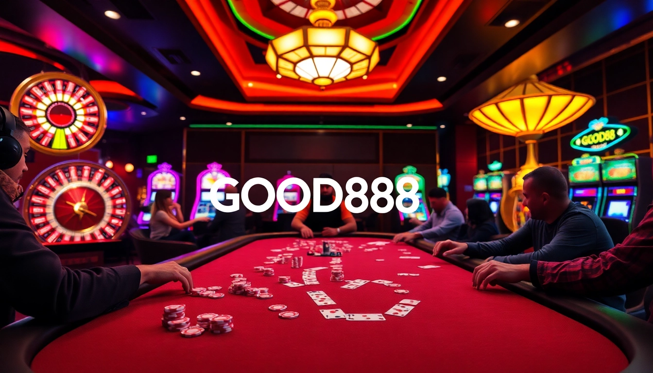 Players experiencing high-stakes excitement at GOOD88 casino poker table with vibrant decor.