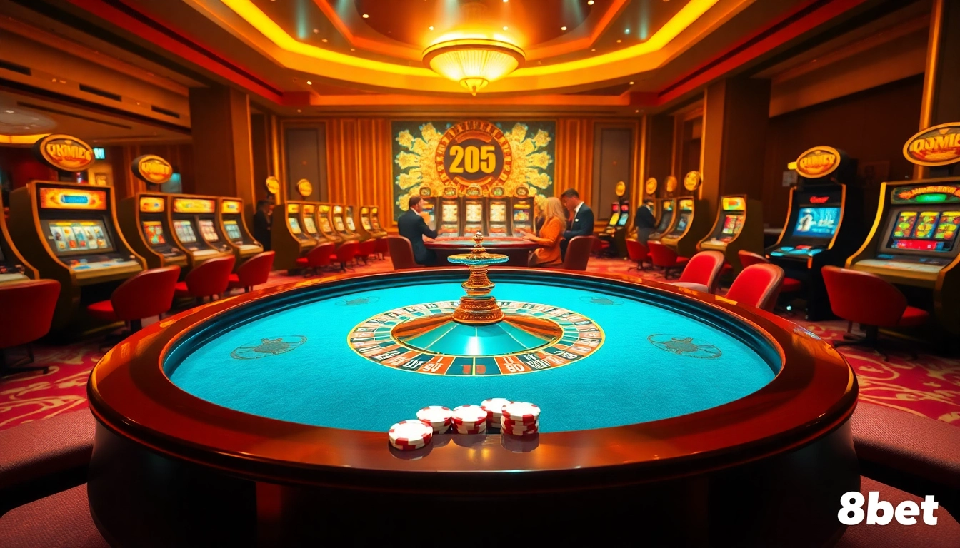 Players enjoying high-stakes gaming at a luxurious 8kbet casino with roulette and slot machines.