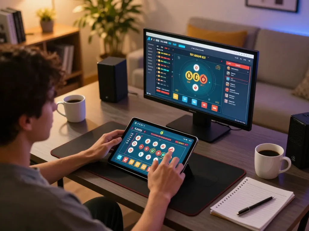 Person engaging in lô đề betting on tablet in cozy home gaming setup with tablet visible.