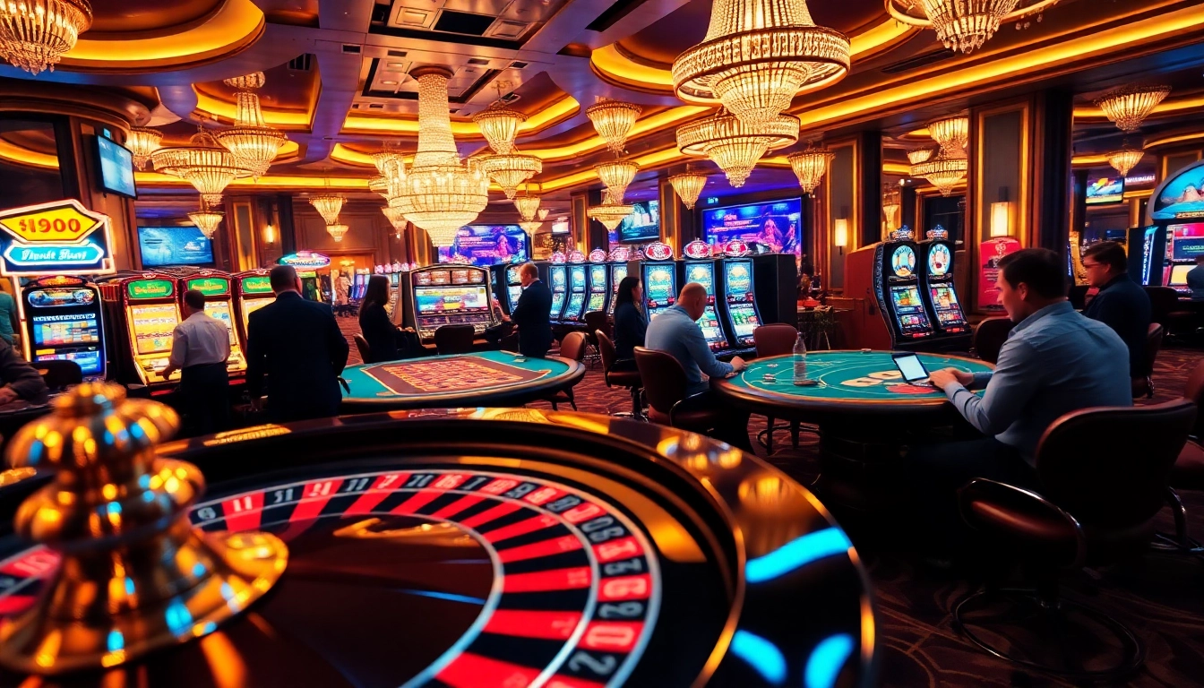 An engaging casino scene at i9bet showcasing players enjoying poker, roulette, and slots with vibrant colors and excitement.