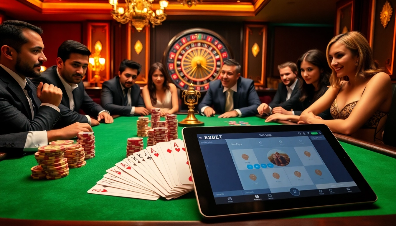 Exciting gameplay at E2BET featuring poker chips, cards, and an elegant gaming atmosphere.