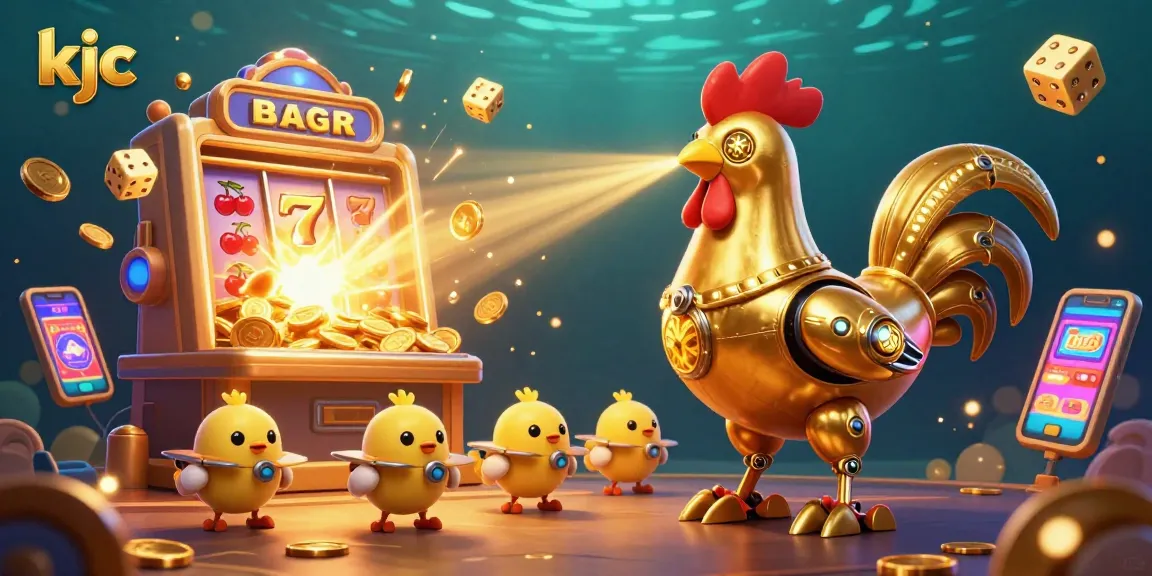 KJC slots scene showcasing a golden rooster robot and baby chick drones celebrating a jackpot explosion.