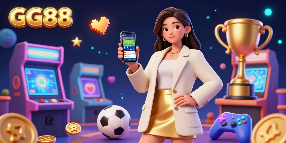 Experience exciting sports betting at GG88 with a stunning 3D casino illustration featuring games and trophies.