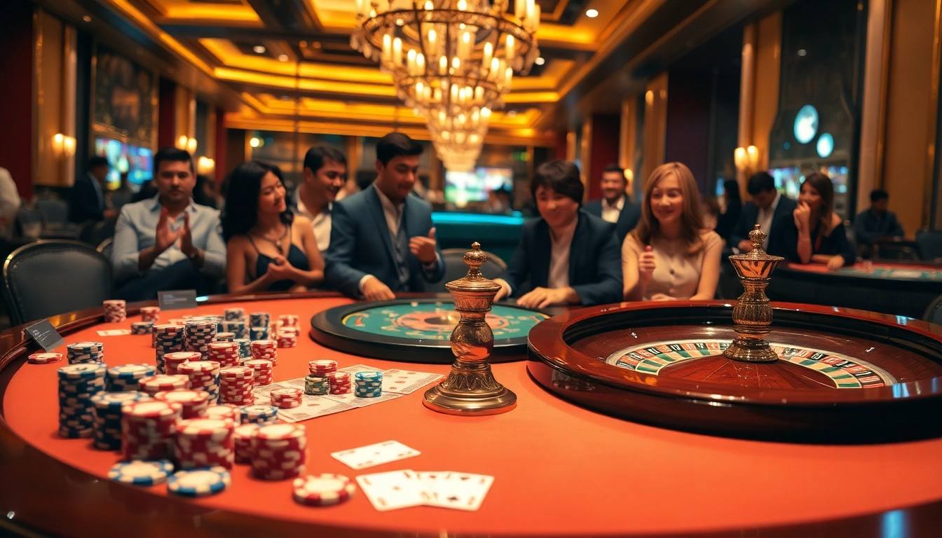 Engaging scene of an upscale gaming table at nhà cái kp88, showcasing chips, cards, and excitement amidst gamblers.