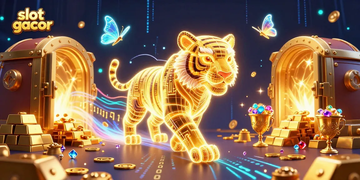 Experience exciting slot gacor gameplay with vibrant casino visuals showcasing golden treasures and a digital landscape.