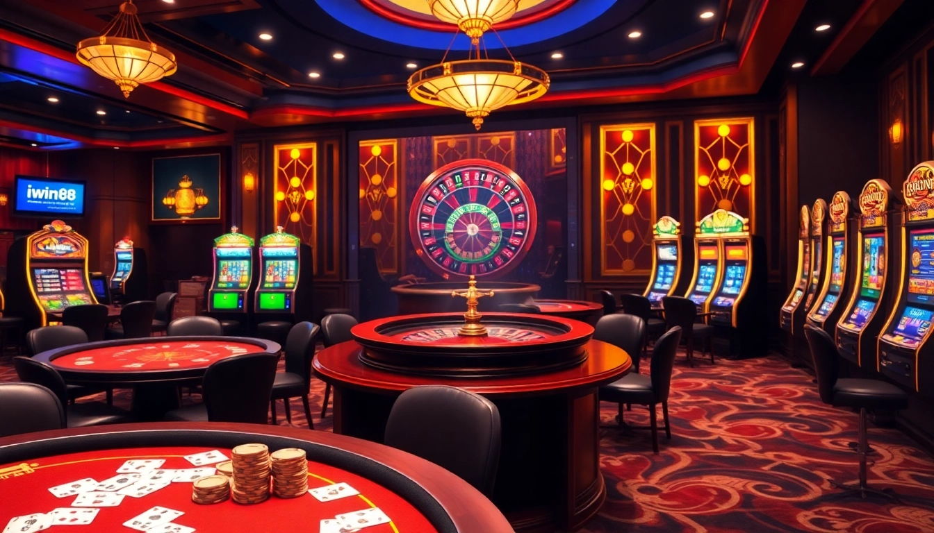 Iwin68 online gaming interface displayed in a luxurious casino setting with vibrant slot machines.